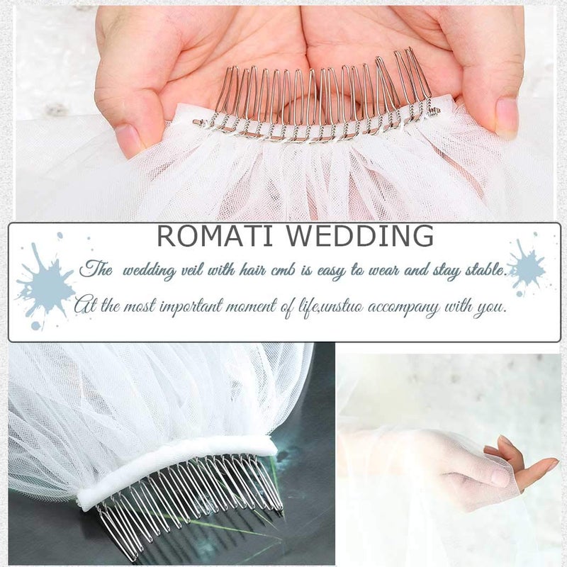 Unsutuo 2 Tiers Bride Wedding Veil Short Fingertip Bridal Tulle Veil with Comb and Cut Edge (Ivory) - Image 3